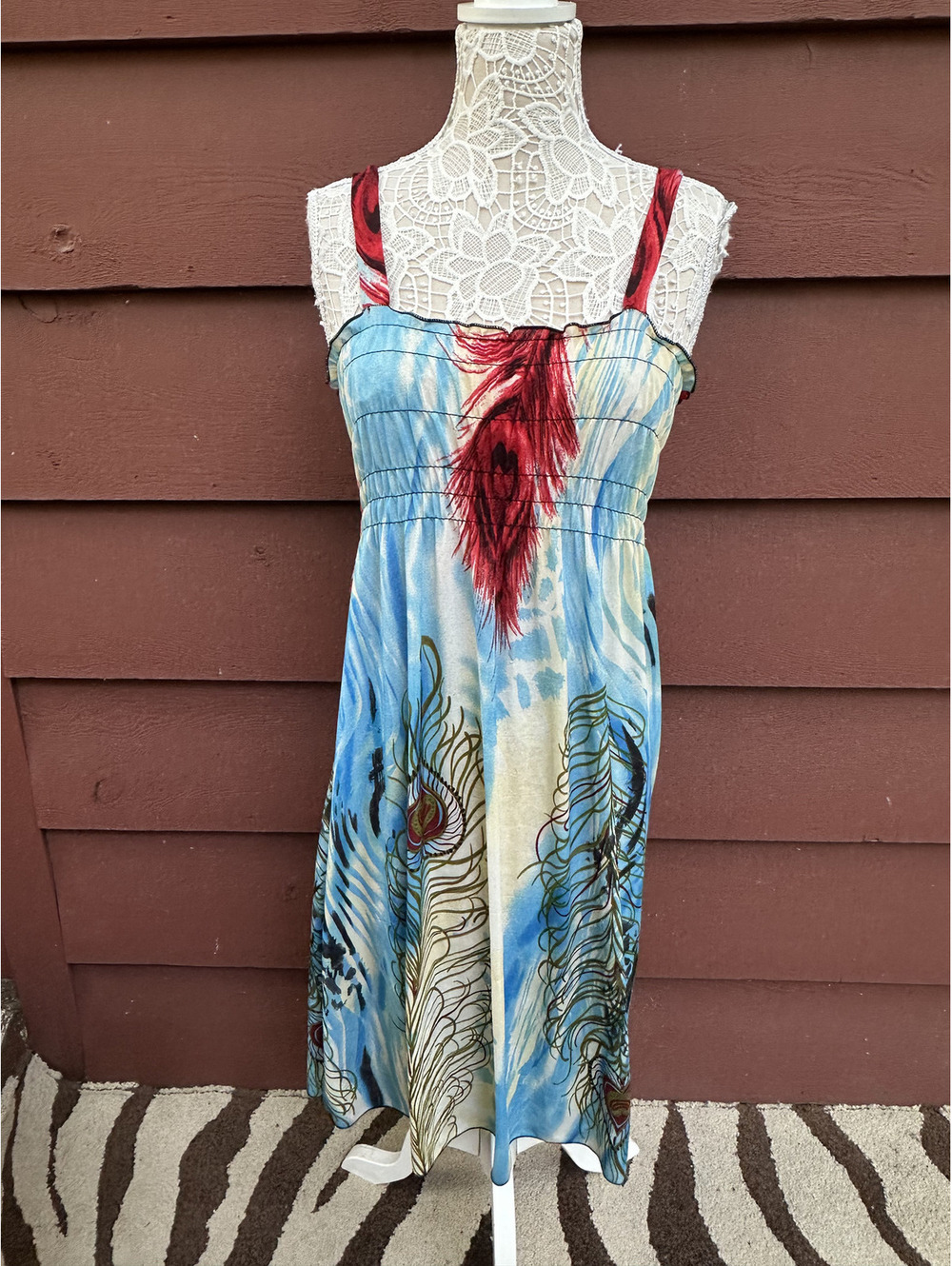 Ace Fashion Y2K Midi Dress Peacock Feather Print Blue Red Smocked Bodice